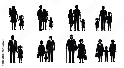 Silhouettes of diverse families standing together in a grid pattern