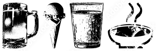Glass mug with ice, ice cream cone, drinking glass, bowl all rendered in bold halftone dots,, isolated vector for design use.