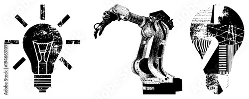 Industrial robot arm beside stylized lightbulbs, representing automation, ideas, and design. Vector halftone graphics with distressed textures. Tech,,, engineering concepts.
