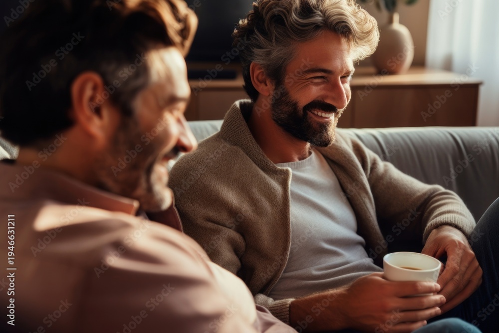 Obraz premium Gay couple laughing smiling coffee.