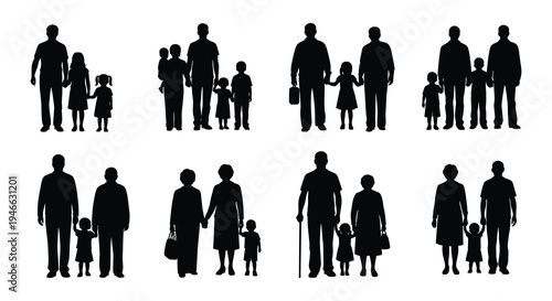 Silhouettes of diverse families standing together in a grid pattern