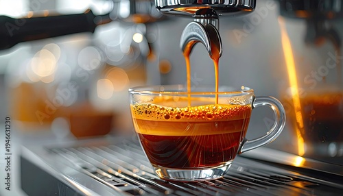 Fresh espresso pouring into a clear cup from a chrome machine