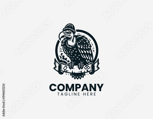 The urban vulture wearing a beanie sits on a burning banner for gritty streetwear branding