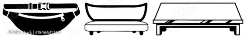 Three isolated vector fanny pack with zipper, curved sofa with legs, rectangular coffee table with slats. Flat design,, modern furniture and accessory silhouettes.