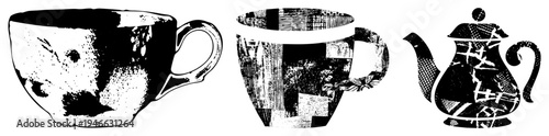 Antique teapot and cups with weathered surfaces, halftone textures, retro designs, ceramic ware, tea service, stylized motifs.