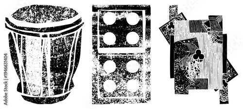 Handcrafted drum with vertical grain, with circular pips, ornate playing cards, distressed woodcut texture, artistic print.