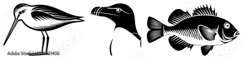 Vector art of three wildlife subjects sandpiper bird, goose head, and fish, rendered in bold black and white with striped, ideal for graphic design or nature themed branding.