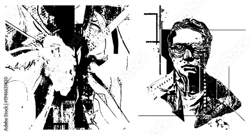 Graphic illustration of a man wearing glasses, stylized halftone textures, abstract geometric shapes, vector art, design, comic book aesthetic, isolated character bust.