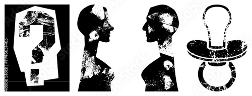 Abstract human head silhouettes with textured, question mark, pacifier symbol, graphic design, vector art.