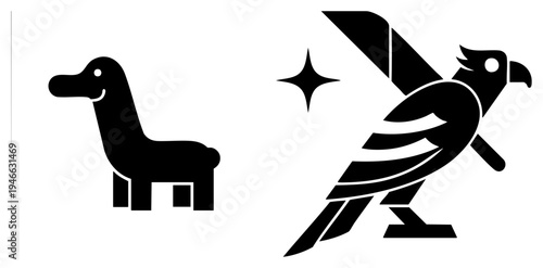 Abstract animal featuring llama and hawk, stylized with bold shapes and clean, ideal for branding or graphic elements.