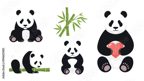 Cute Cartoon Panda Vector Set with Bamboo. Adorable pandas in various poses, including one holding a heart, flat design illustration.