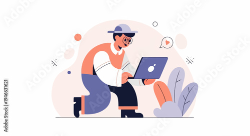 A person in a hat wearing glasses kneels on one leg working on a laptop