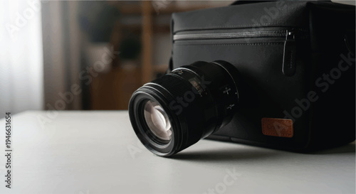 Professional camera with large lens resting on a white surface next to a black bag