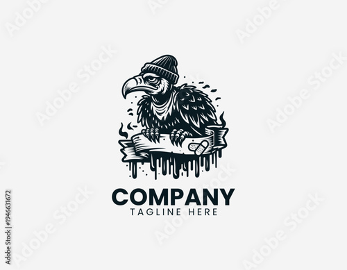 The urban vulture wearing a beanie sits on a burning banner for gritty streetwear branding