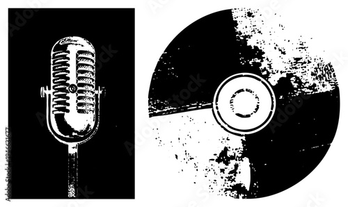 Retro microphone with ribbed grille and stand, alongside scratched CD with central hub, both rendered in halftone dot, ideal for music or broadcast design.