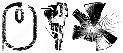 Bold black vector glyphs featuring distressed textures, fragmented forms, and a starburst fan shape with radiating. Artistic graphic elements with gritty, worn effects.