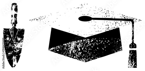 Academic cap with tassel beside gardening trowel, symbolizing horticulture studies, landscape architecture, or agricultural education, stylized halftone graphic.