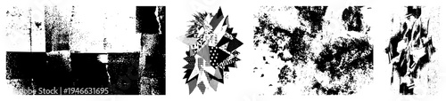 Fragmented black and white shapes with halftone texture, graphic design elements, modern art composition, vector art, stylized abstraction, digital print aesthetic.