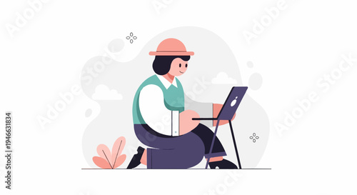 A person in a hat sits on the ground, drawing on a digital tablet