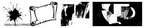 Black ink splatter, rolled parchment, halftone grain, fragmented mug, vector art, graphic design elements.