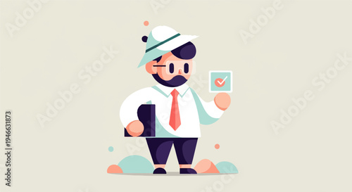 A person in a hat, shirt, and tie holds a clipboard and a checkmark
