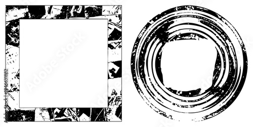 Vector graphic featuring square and circular forms with rough, grungy borders, minimalist design, artistic negative space composition.