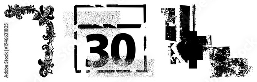 Decorative scrollwork flourish, distressed numbered frame, fragmented abstract shapes, halftone texture, graphic design elements, vector cutout, isolated illustration.