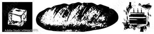 Ice cube with condensation, rustic bread with flour dust, birthday cake with candles, vector illustration, black and white, food, isolated elements.