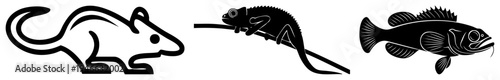 Stylized mouse, chameleon, and fish rendered as black, clean vector art, isolated foreground, animal, flat design, graphic elements.