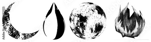 moon, water droplet, planet, flame elemental rendered in halftone texture, vector art, isolated symbols for branding or UI design.