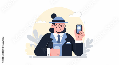 A person in a hat and suit holding a phone and a drink