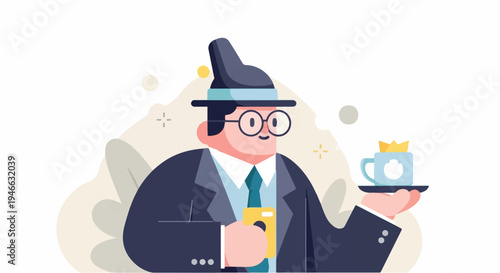A person in a hat and suit holds a phone and a cup on a tray