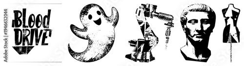 Bold “Blood Drive” text with distressed texture, cheerful ghost, mechanical robot, classical Roman bust, fashion mannequin all in halftone vector style for donation campaigns or pop culture events.