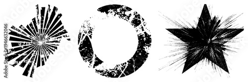 Abstract graphic elements with distressed textures, speckled noise, and fragmented forms sunburst, incomplete circle, starburst. Modern design or digital art backgrounds.