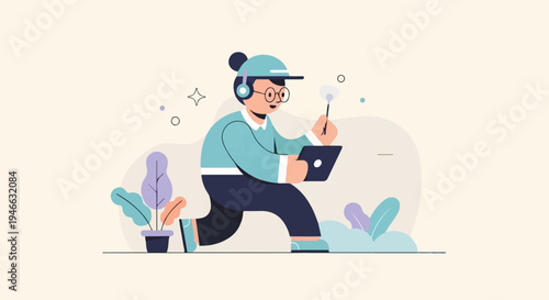A person in a hat and headphones, holding a tablet, moves quickly past plants