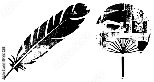 Stylized feather quill pen and weathered paper fan graphic, vector, inked texture, literary and traditional design elements.