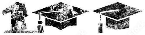 Grunge style graduation cap and academic robe, distressed vector graphics, educational symbols, design, student achievement motifs.