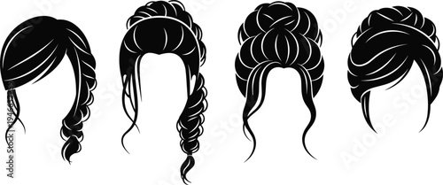 women hairstyle silhouette collection, elegant female hair fashion icons set, bun braid updo styles vector illustration