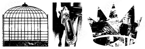 Black and white vector featuring a classic birdcage, vintage door handle, and textured crown, rendered in halftone style with distressed effects. Ideal for retro or symbolic design projects.