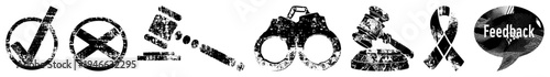 Set of legal symbols including checkmark,, gavel, handcuffs, ribbon, and feedback bubble with gritty, worn textures. Vector for justice, approval, and user interaction.