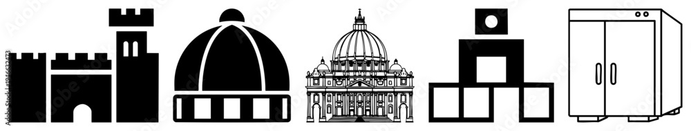 Fototapeta premium Flat vector representing historic buildings, domes,, and minimalist shapes, ideal for UI design, infographics, or digital interfaces.