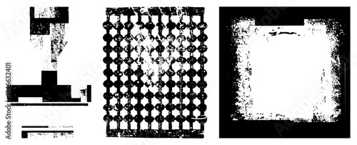 Stylized vector forms with halftone dots and distressed texture, abstract composition, graphic design elements, glitch art motifs, digital noise.