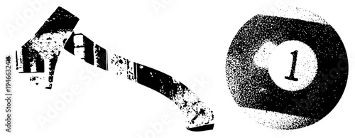 Billiards cue stick with textured grip and ball marked "1", pool game equipment, cue, cue ball, halftone graphic, black and white vector art.