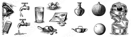 Classic art depicting thirst, sorrow, and domestic items crying mouth, faucet, glass, tissue, letter, vase, onion, can, teapot, orange rendered in halftone style.
