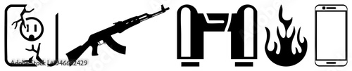 Vector glyph in black silhouette smartphone, assault rifle, flame, electrical outlet, abstract H shape, and stylized phone. Flat design for UI, web, or graphic projects.