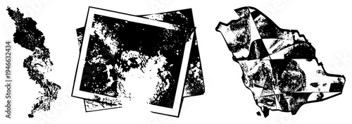 Stylized geographic shapes with distressed texture, fragmented map, design, vector illustration, isolated continents, halftone effect, graphic art.