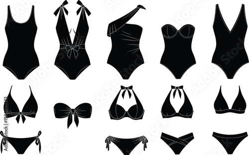 women swimwear collection set, bikini and one piece swimsuit silhouettes, summer beach fashion apparel vector illustration