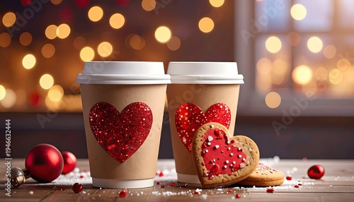 Two to-go cups with hearts and cookies on a wooden table, bokeh background