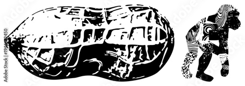 Graphic vector art of distorted human form and textured stone object, halftone glitch effect, stencil style, isolated foreground elements.