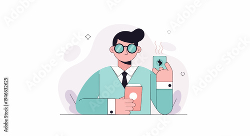 A stylized person in glasses and a suit holds a coffee cup and a small card